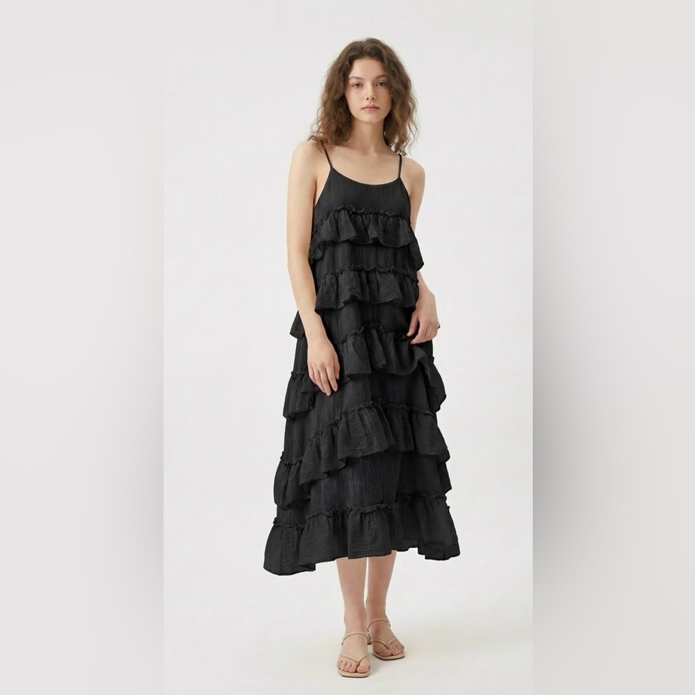 Stylenanda Black Tiered Ruffle Midi Slip Dress Cotton K-Fashion Fairy Grunge OS
